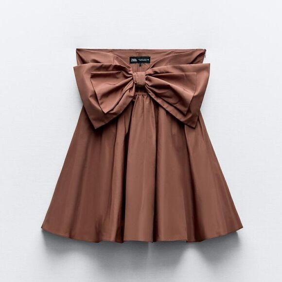 Zara CUT OUT BOW TAFFETA DRESS brown - Picture 8 of 10